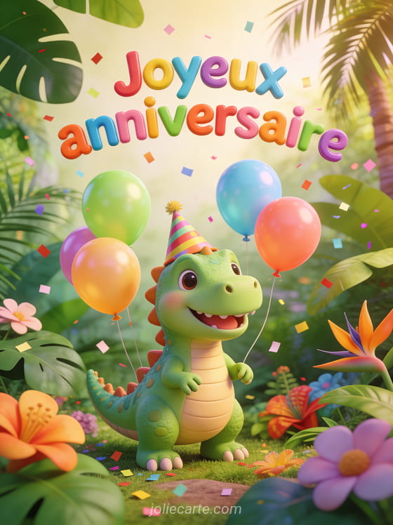 Adorable dinosaure vert souriant avec un chapeau de fête entouré de ballons colorés et confettis dans une jungle tropicale avec le texte Joyeux anniversaire