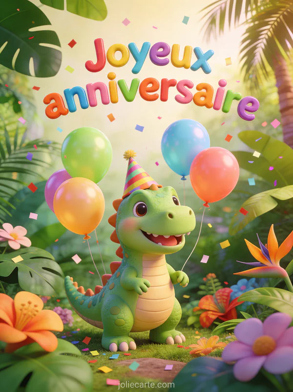 Adorable dinosaure vert souriant avec un chapeau de fête entouré de ballons colorés et confettis dans une jungle tropicale avec le texte Joyeux anniversaire