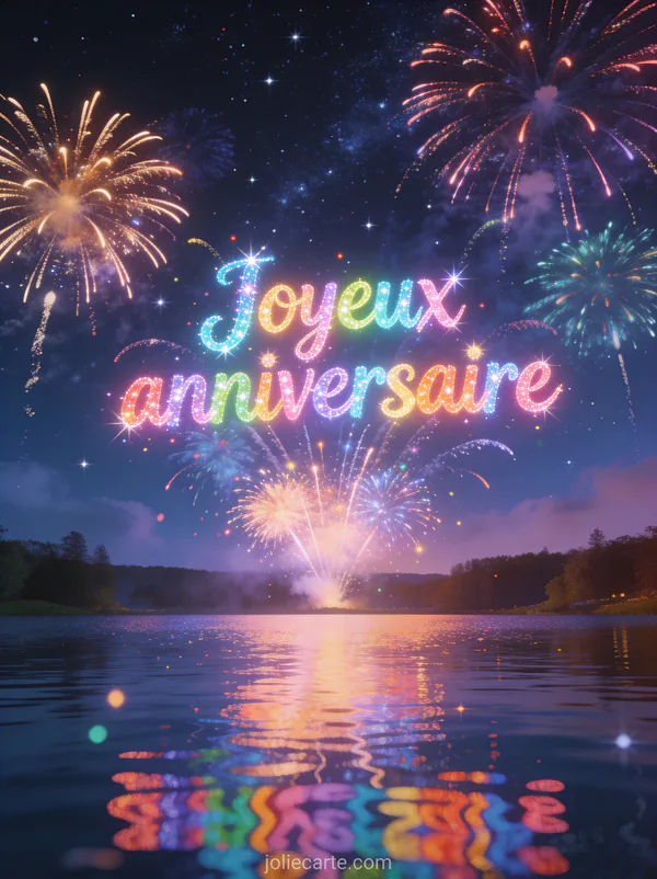 Feu d'artifice coloré dans un ciel nocturne étoilé avec reflets dans un lac et le texte Joyeux anniversaire en lettres arc-en-ciel