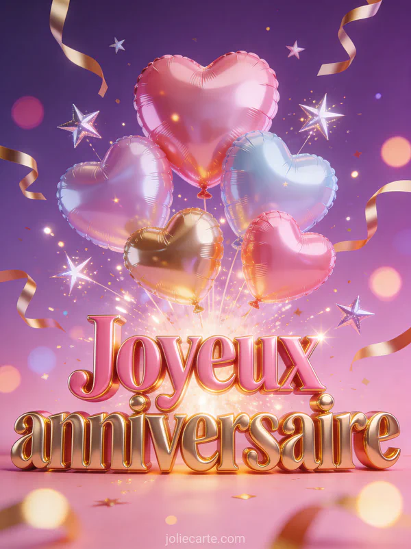 Explosion de ballons en forme de coeur étoiles scintillantes et rubans dorés sur fond violet et rose avec le texte Joyeux anniversaire