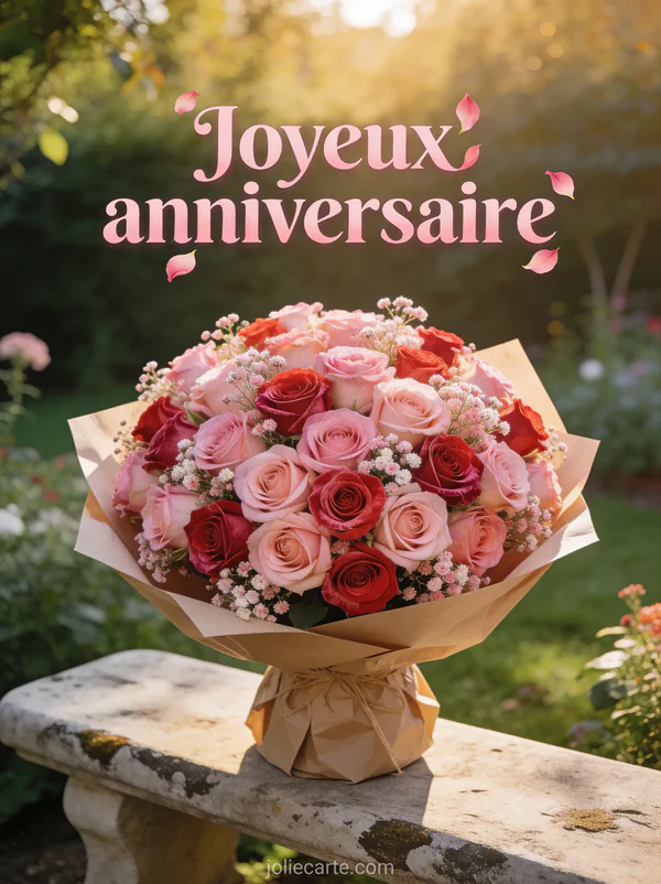 Bouquet rond de roses roses et rouges avec gypsophile emballé en kraft posé sur un banc en pierre dans un jardin ensoleillé