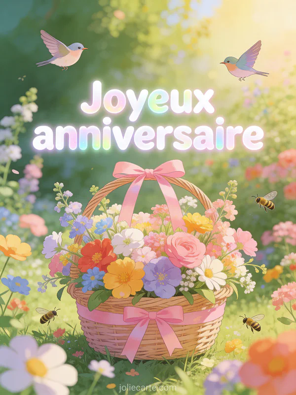 Panier de fleurs printanières colorées avec ruban rose dans un jardin fleuri et ensoleillé avec le texte Joyeux anniversaire