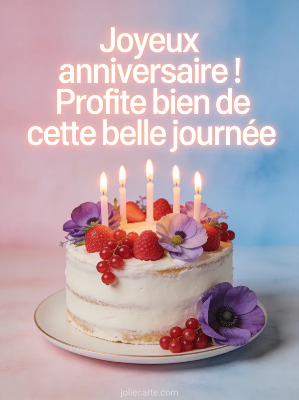 Gâteau d'anniversaire décoré de fruits rouges et de fleurs comestibles avec bougies allumées sur fond pastel