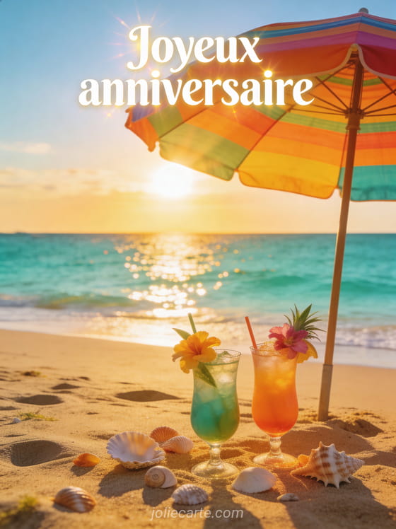 Plage de sable doré avec parasol coloré cocktails tropicaux mer turquoise et soleil couchant avec le texte Joyeux anniversaire