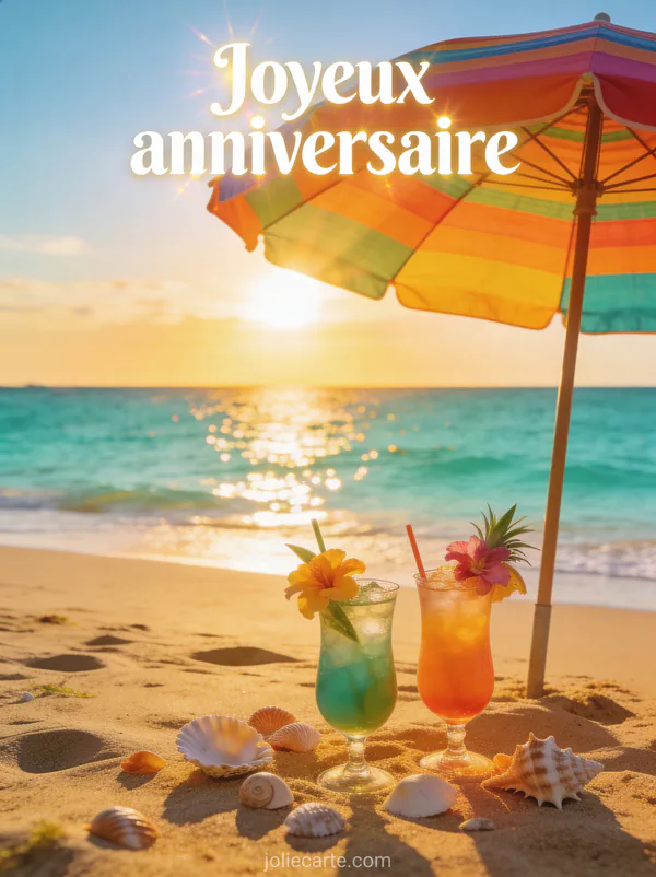 Plage de sable doré avec parasol coloré cocktails tropicaux mer turquoise et soleil couchant avec le texte Joyeux anniversaire