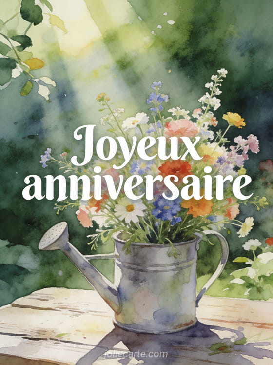 Bouquet champêtre de fleurs sauvages colorées dans un arrosoir en zinc sur table de jardin rustique avec rayons de soleil