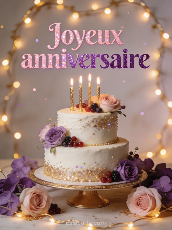 Gâteau d'anniversaire élégant à deux étages décoré de fleurs fraîches et bougies dorées sur fond de guirlandes lumineuses avec le texte Joyeux anniversaire