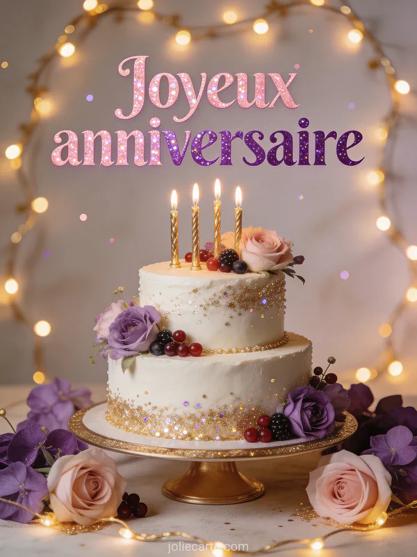 Gâteau d'anniversaire élégant à deux étages décoré de fleurs fraîches et bougies dorées sur fond de guirlandes lumineuses avec le texte Joyeux anniversaire