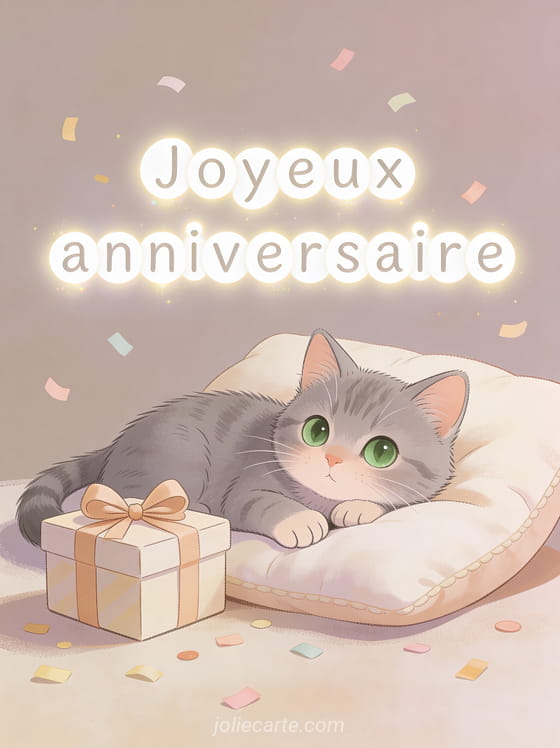 Petit chat gris aux grands yeux verts couché sur un coussin moelleux à côté d'un petit cadeau avec un noeud et des confettis