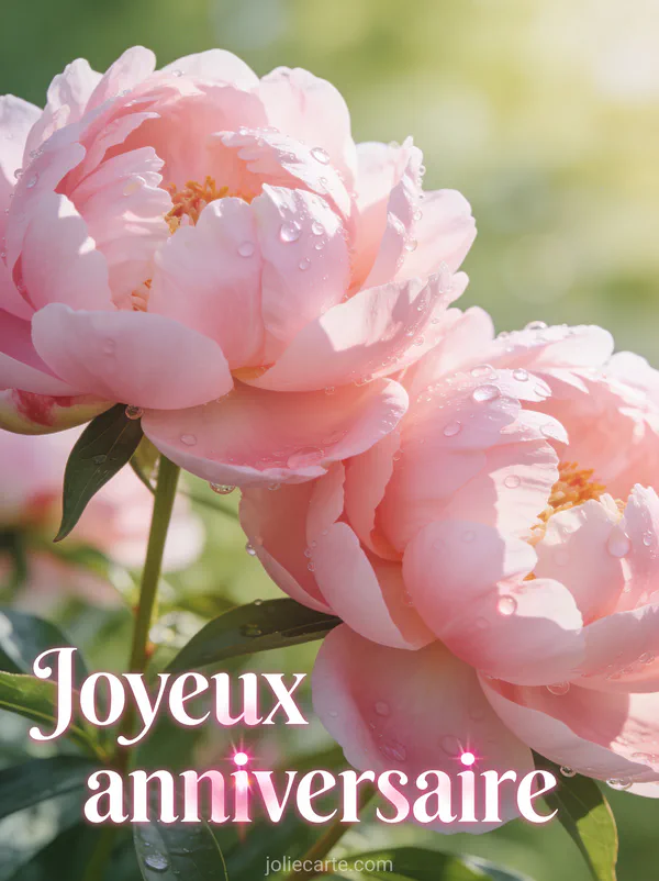 Gros plan sur des pivoines roses épanouies avec des gouttes de rosée sur les pétales dans une lumière matinale douce avec le texte Joyeux anniversaire