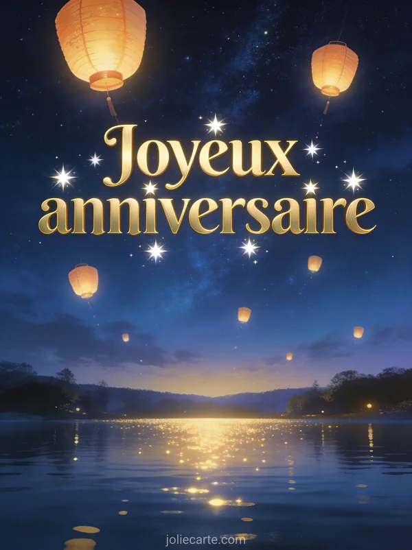 Nuit étoilée avec des lanternes chinoises lumineuses qui s'envolent dans le ciel et reflets sur un lac paisible