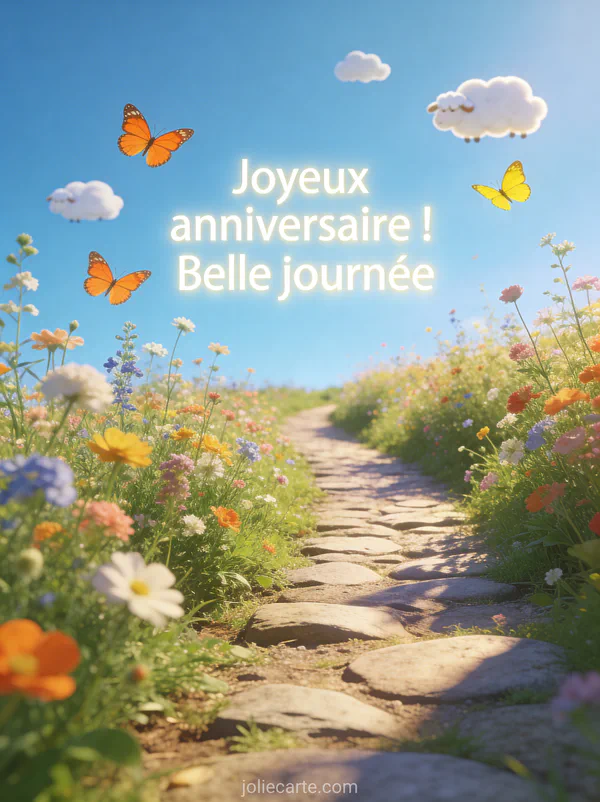 Paysage de campagne avec un chemin bordé de fleurs sauvages et papillons sous un ciel bleu lumineux avec le texte Joyeux anniversaire Belle journée