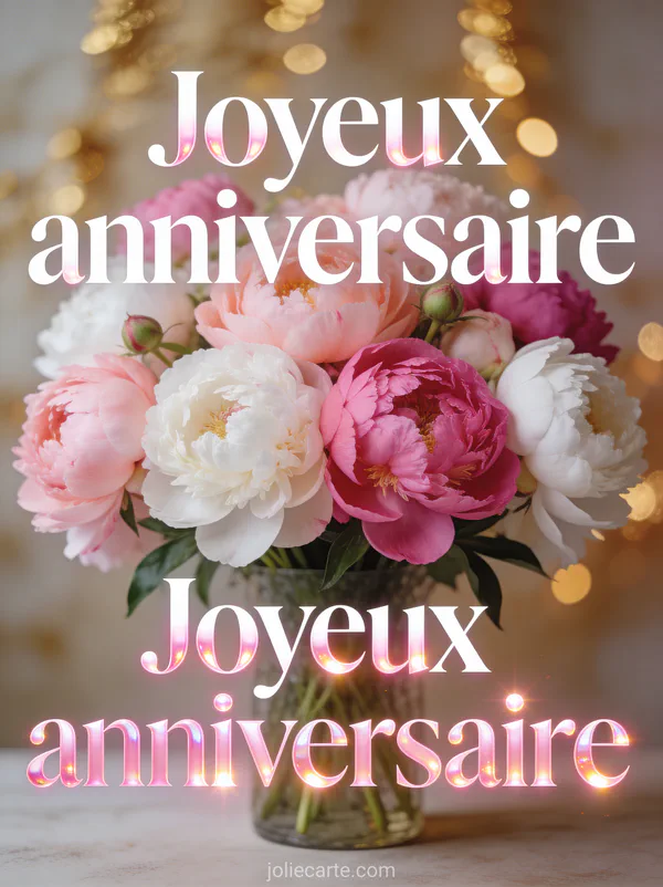 Bouquet de pivoines roses, blanches et fuchsia avec reflets rosés et lumières dorées en arrière-plan flou