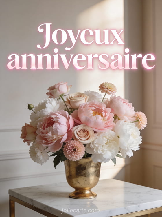Arrangement floral luxueux de pivoines roses et blanches avec roses anciennes dans un vase doré sur table en marbre avec le texte Joyeux anniversaire