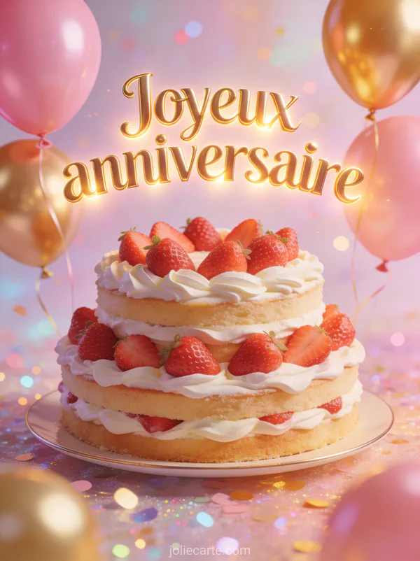 Gâteau à étages décoré de crème et de fraises avec ballons roses et dorés et paillettes douces en arrière-plan