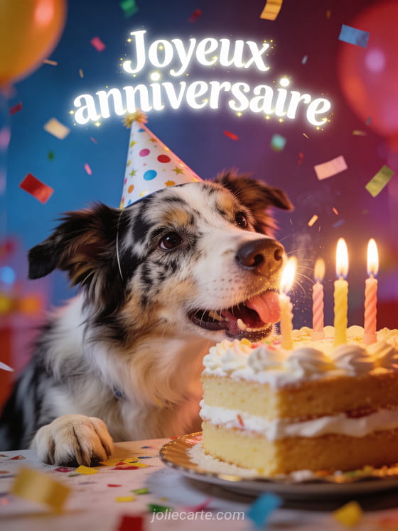Chien berger australien avec un chapeau d'anniversaire devant un gâteau avec bougies et confettis avec le texte Joyeux anniversaire