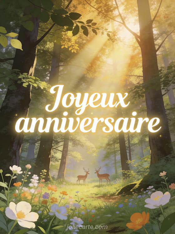 Forêt enchantée avec rayons de soleil dorés filtrant entre les arbres, fleurs sauvages au premier plan et cerfs au loin