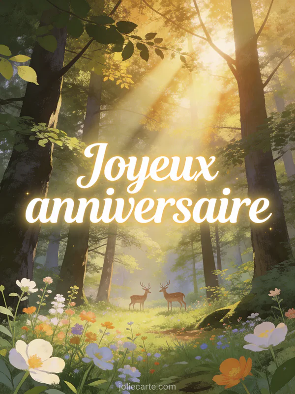Forêt enchantée avec rayons de soleil dorés filtrant entre les arbres, fleurs sauvages au premier plan et cerfs au loin