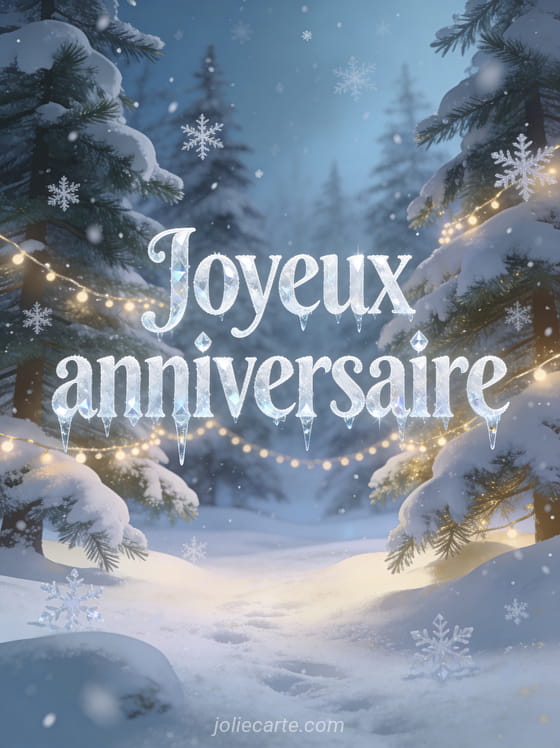 Paysage hivernal féerique avec sapins enneigés flocons qui tombent et guirlandes lumineuses dans une lumière bleutée et dorée avec le texte Joyeux anniversaire