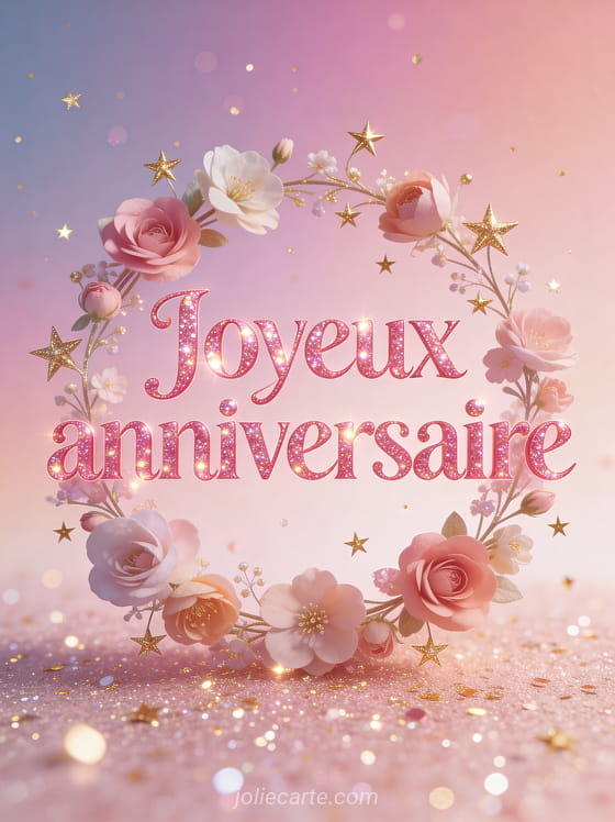 Couronne de fleurs et petites étoiles dorées avec paillettes sur fond rose dégradé et le texte Joyeux anniversaire en lettres roses
