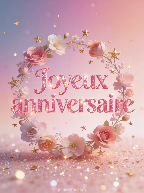 Couronne de fleurs et petites étoiles dorées avec paillettes sur fond rose dégradé et le texte Joyeux anniversaire en lettres roses