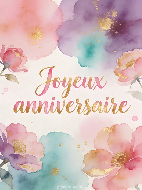 Texte Joyeux anniversaire en lettres aquarelle roses et dorées sur fond abstrait avec taches de couleur et fleurs peintes
