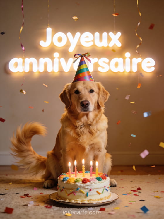 Golden retriever avec chapeau de fête coloré assis devant un gâteau d'anniversaire avec bougies et confettis