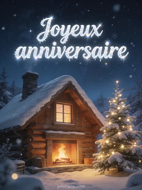 Chalet en bois enneigé avec cheminée allumée sapin décoré de lumières et ciel étoilé avec le texte Joyeux anniversaire