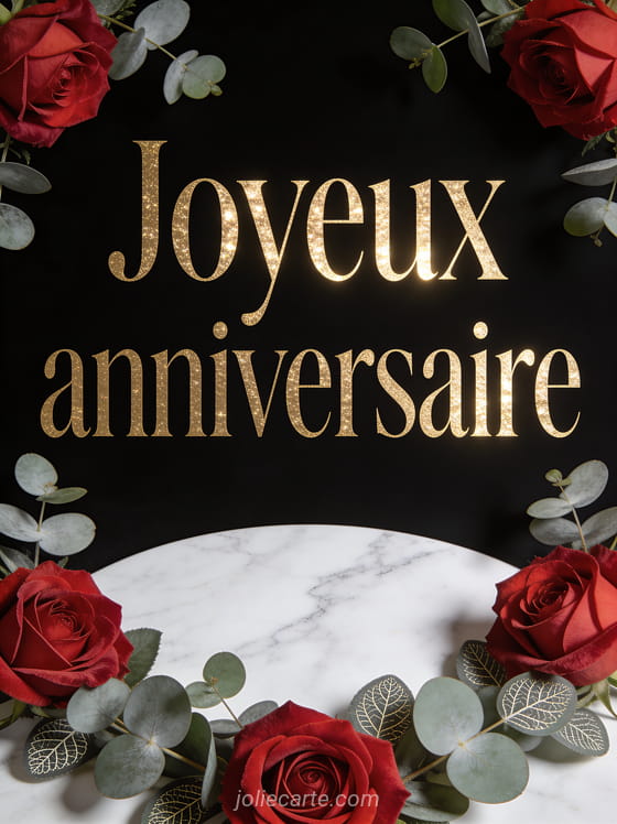 Fond noir élégant avec touches de marbre blanc, roses rouges et feuilles d'eucalyptus avec le texte Joyeux anniversaire en lettres dorées