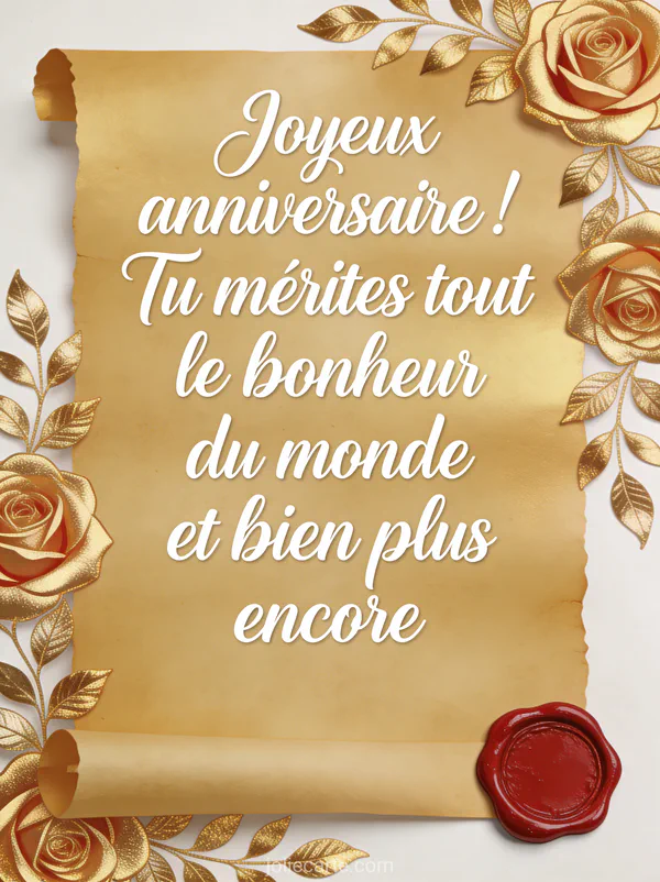 Texte calligraphié sur papier parcheminé doré avec bordure florale de roses dorées et sceau de cire rouge avec le texte Joyeux anniversaire