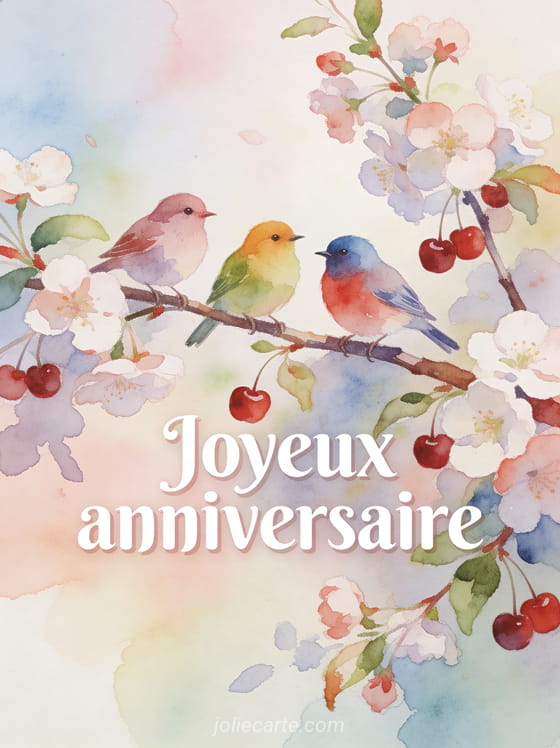 Petits oiseaux colorés sur une branche fleurie avec cerises sur fond aquarelle pastel et le texte Joyeux anniversaire
