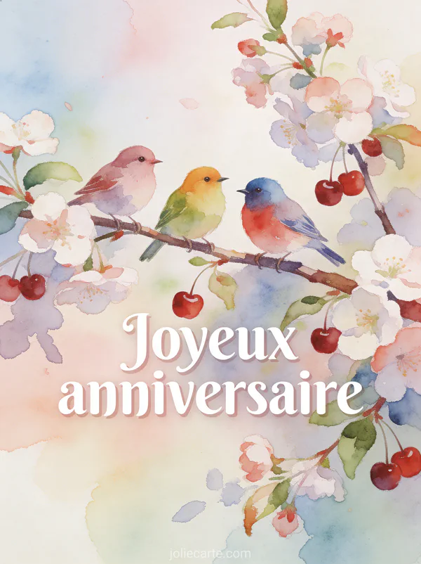Petits oiseaux colorés sur une branche fleurie avec cerises sur fond aquarelle pastel et le texte Joyeux anniversaire