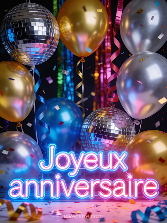 Ballons métalliques dorés et argentés avec serpentins colorés et pluie de paillettes en lumière néon bleu et rose avec le texte Joyeux anniversaire