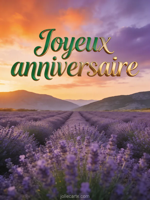 Champ de lavande au coucher du soleil avec montagnes en arrière-plan et ciel orangé et violet