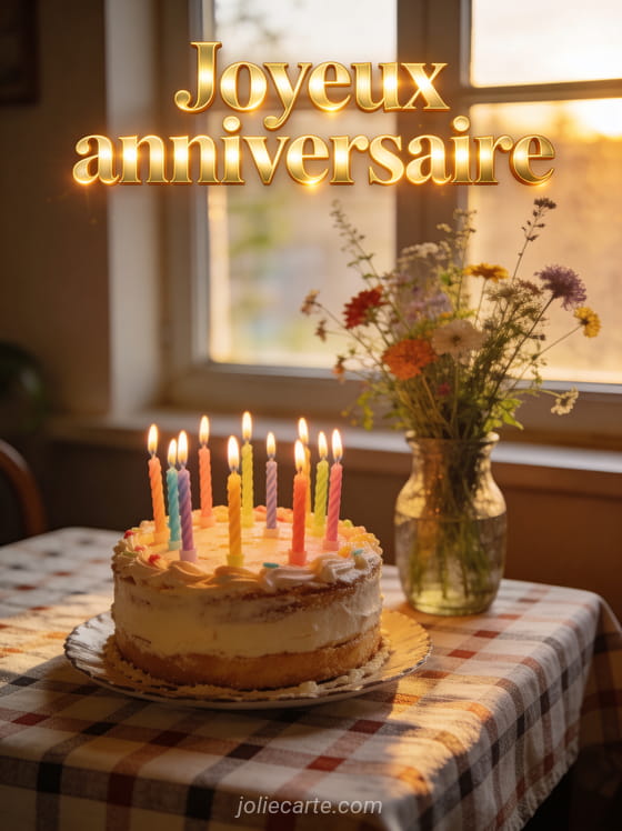 Gâteau d'anniversaire fait maison avec bougies colorées et fleurs sauvages dans un vase près d'une fenêtre lumineuse avec le texte Joyeux anniversaire
