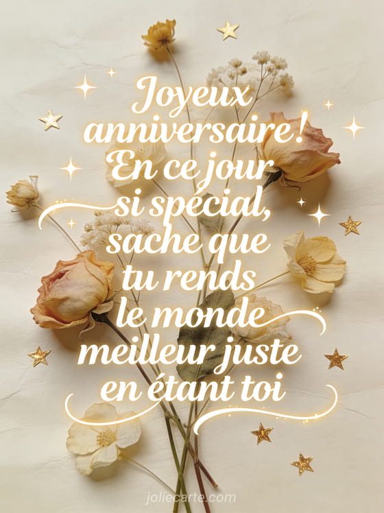 Papier crème texturé avec fleurs séchées pressées et étoiles dorées portant un message calligraphié de joyeux anniversaire