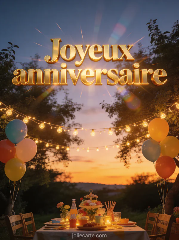 Fête extérieure au crépuscule avec guirlandes lumineuses entre les arbres, ballons colorés et table décorée