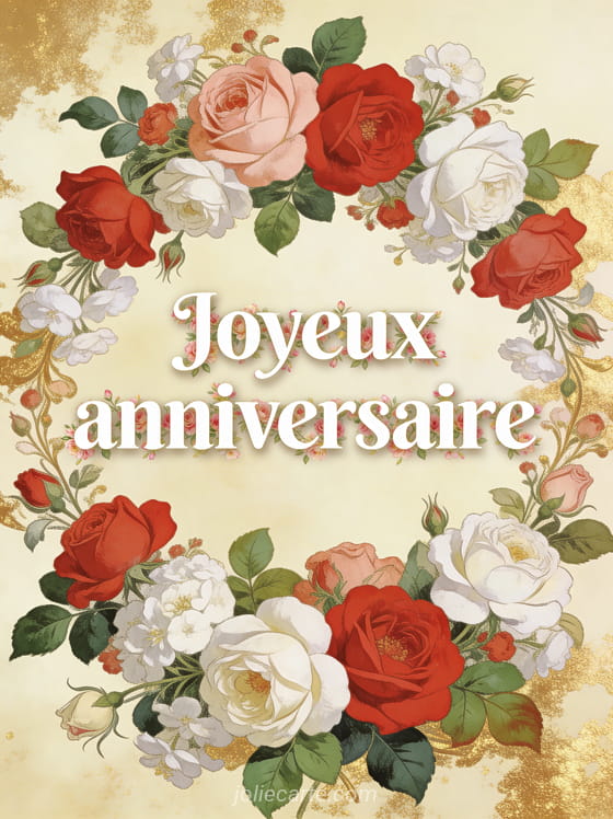 Bordure luxuriante de fleurs roses rouges et blanches avec feuillage vert sur fond crème doré style victorien avec le texte Joyeux anniversaire