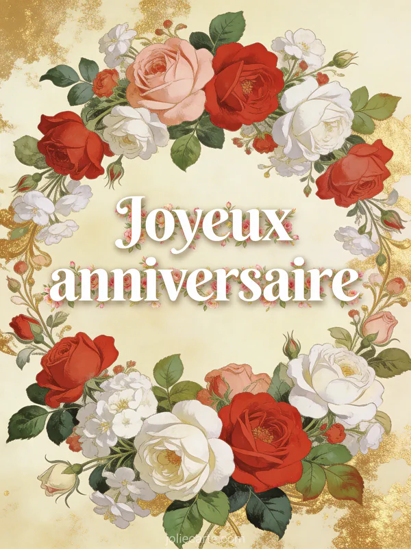 Bordure luxuriante de fleurs roses rouges et blanches avec feuillage vert sur fond crème doré style victorien avec le texte Joyeux anniversaire
