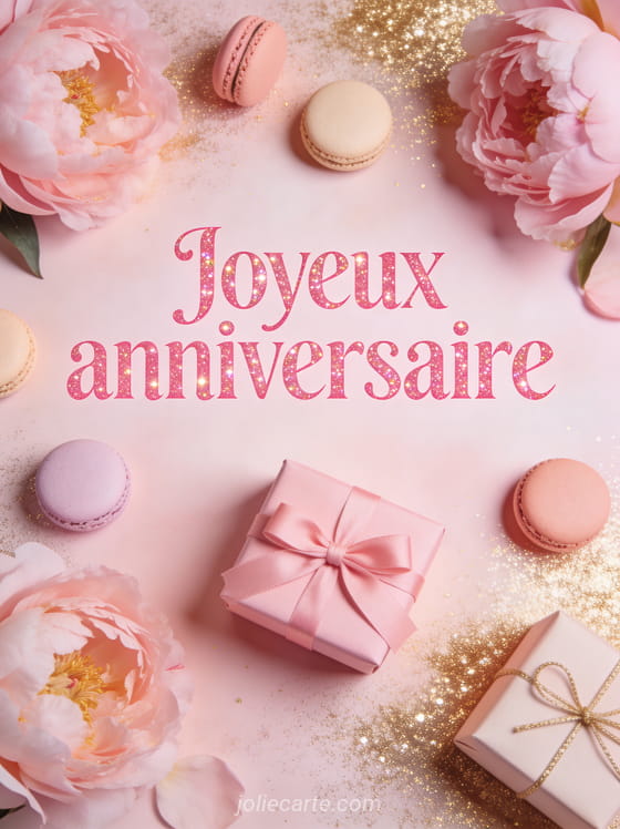 Pivoines roses avec macarons pastel et petits cadeaux emballés de rose sur fond rose poudré avec paillettes dorées