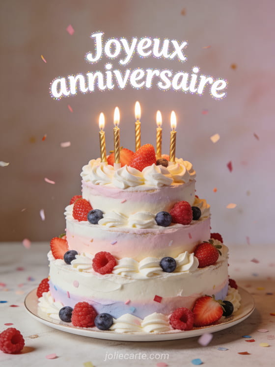 Magnifique gâteau d'anniversaire trois étages avec crème fouettée fraises framboises myrtilles et bougies dorées sur fond pastel avec le texte Joyeux anniversaire