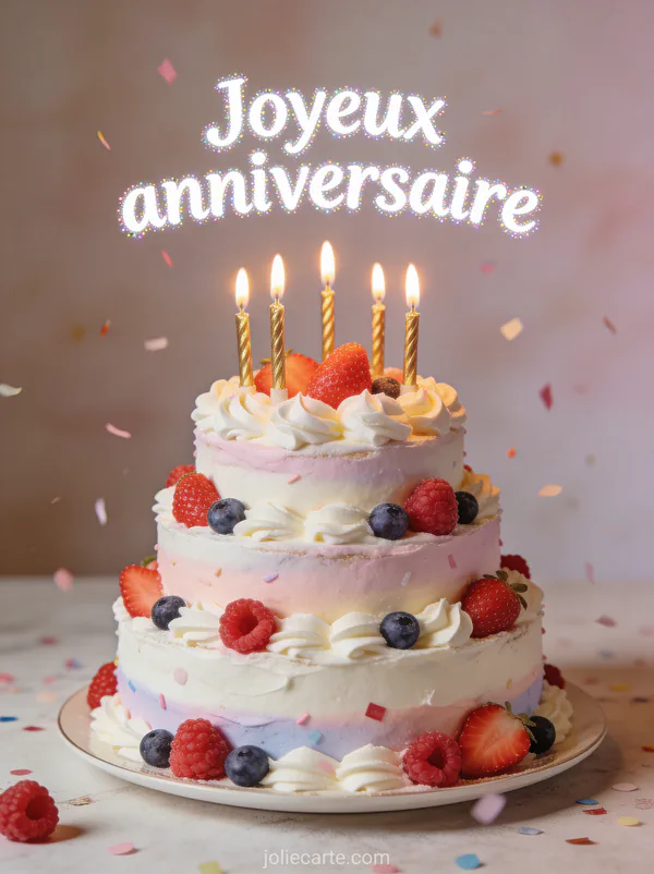 Magnifique gâteau d'anniversaire trois étages avec crème fouettée fraises framboises myrtilles et bougies dorées sur fond pastel avec le texte Joyeux anniversaire