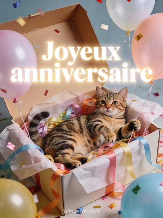 Chat tigré joueur allongé dans une boîte cadeau ouverte avec rubans colorés et ballons flottant autour avec le texte Joyeux anniversaire