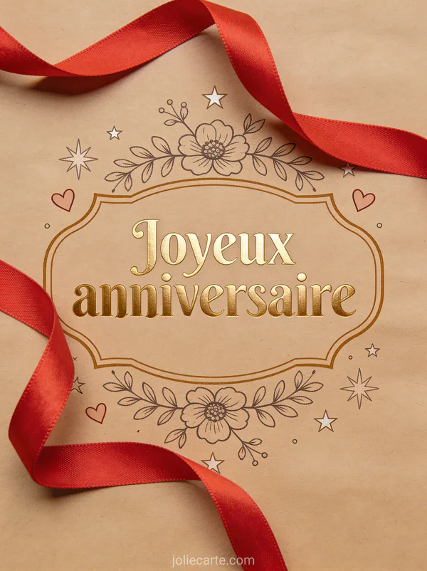 Etiquette vintage sur fond papier kraft avec ornements floraux dessinés à la main, coeurs, étoiles et rubans rouges