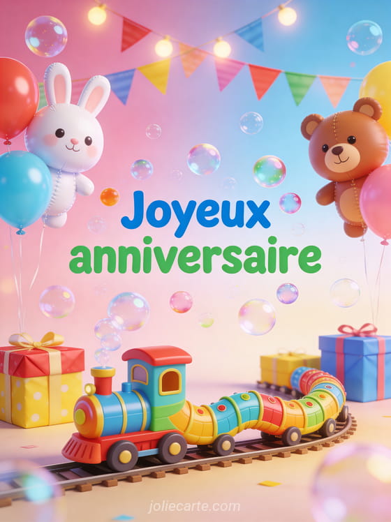 Scène de fête pour enfant avec ballons animaux train jouet coloré cadeaux emballés et guirlande de fanions avec le texte Joyeux anniversaire