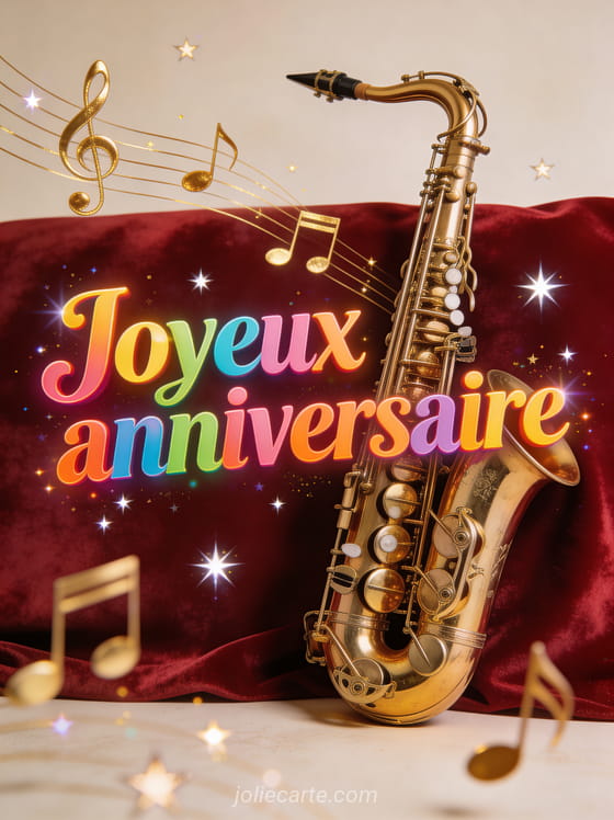 Notes de musique dorées flottant dans l'air avec saxophone doré sur fond de velours rouge et étoiles scintillantes