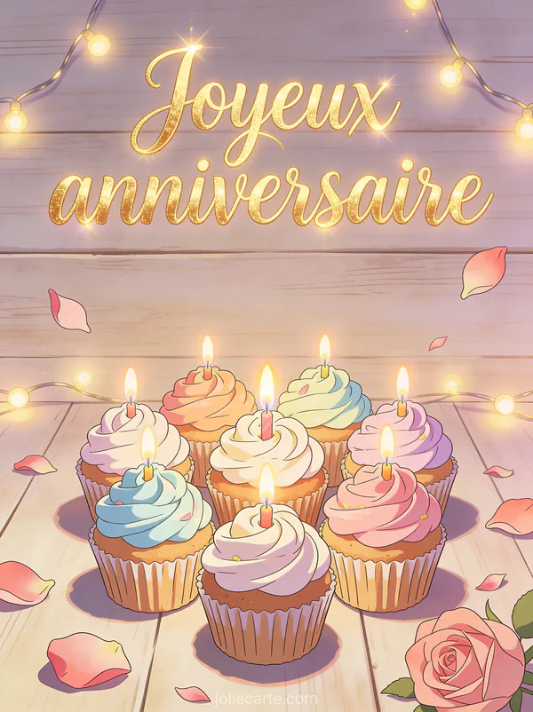 Rangée de cupcakes décorés de crème colorée et petites bougies avec pétales de roses et guirlandes lumineuses sur fond de bois clair avec le texte Joyeux anniversaire