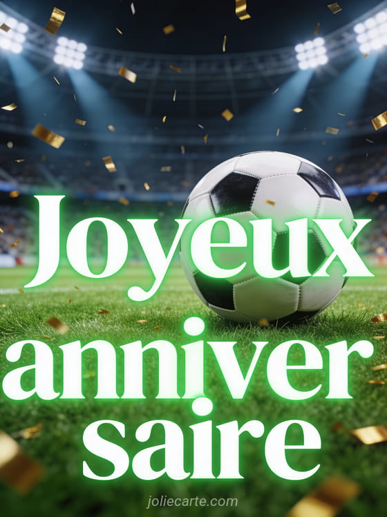 Ballon de football sur pelouse verte avec confettis dorés qui tombent et stade illuminé en arrière-plan
