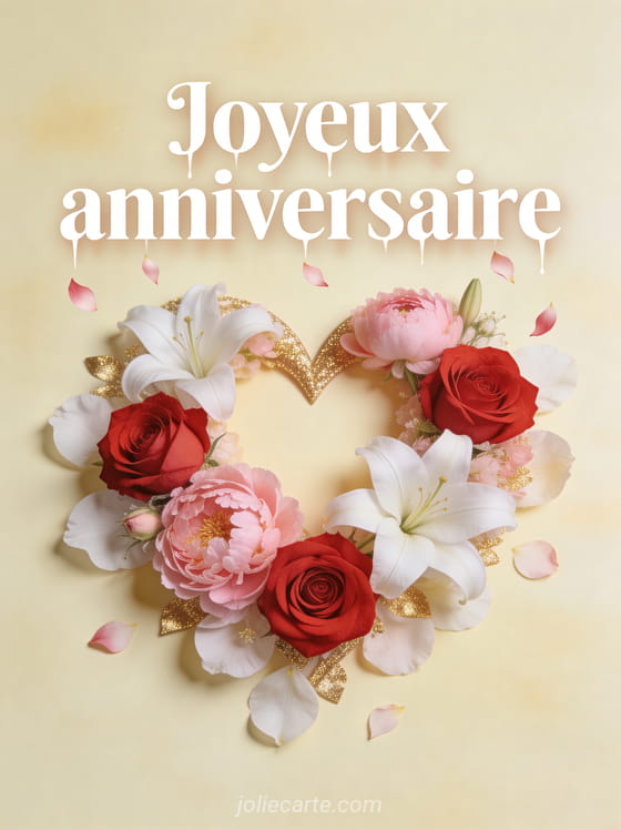 Composition florale en forme de coeur avec roses rouges pivoines roses et lys blancs sur fond crème avec touches dorées et le texte Joyeux anniversaire