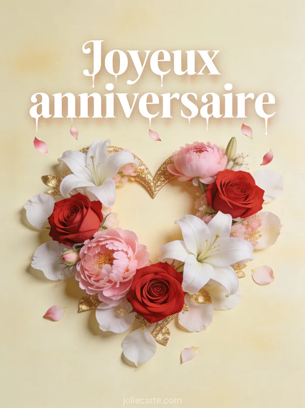 Composition florale en forme de coeur avec roses rouges pivoines roses et lys blancs sur fond crème avec touches dorées et le texte Joyeux anniversaire